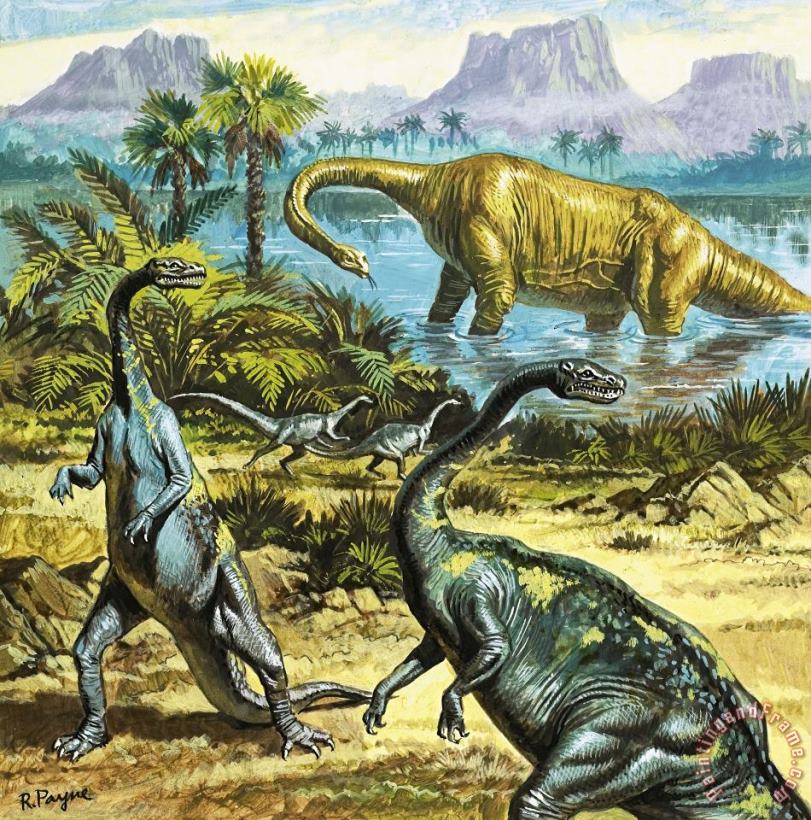Unidentified prehistoric creatures painting - Roger Payne Unidentified prehistoric creatures Art Print