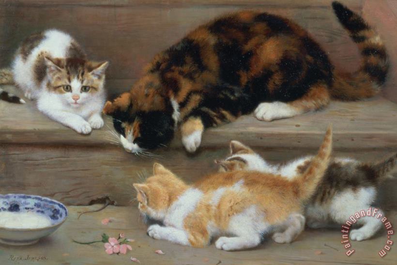 Cat and kittens chasing a mouse painting - Rosa Jameson Cat and kittens chasing a mouse Art Print