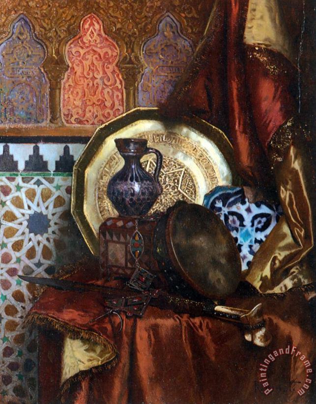 Rudolf Ernst A Tambourine, Knife, Moroccan Tile And Plate on Satin Covered Table Art Painting