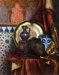 Rudolf Ernst A Tambourine, Knife, Moroccan Tile And Plate on Satin Covered Table