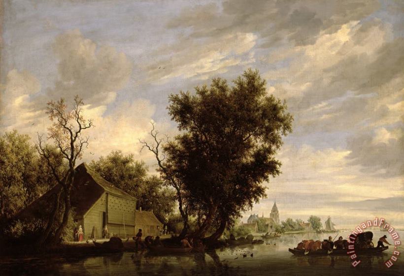 River Scene with a Ferry Boat painting - Salomon van Ruysdael River Scene with a Ferry Boat Art Print