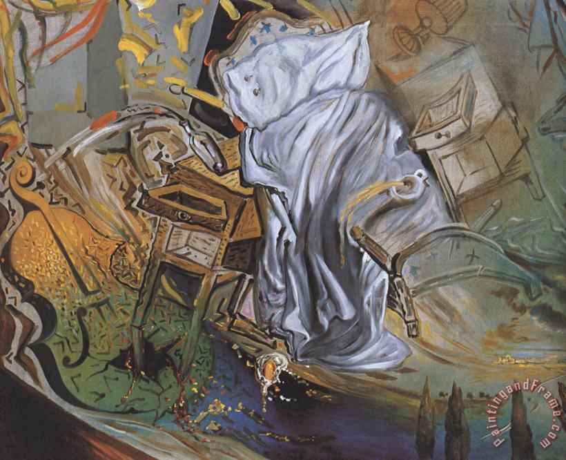 Bed And Two Bedside Tables Ferociously Attacking a Cello Final Stage painting - Salvador Dali Bed And Two Bedside Tables Ferociously Attacking a Cello Final Stage Art Print