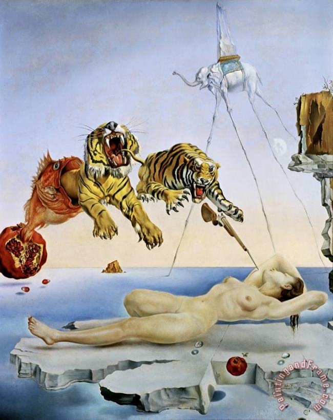 Dream Caused by The Flight of a Bee Around a Pomegranate a Second Before Waking Up, 1944 painting - Salvador Dali Dream Caused by The Flight of a Bee Around a Pomegranate a Second Before Waking Up, 1944 Art Print