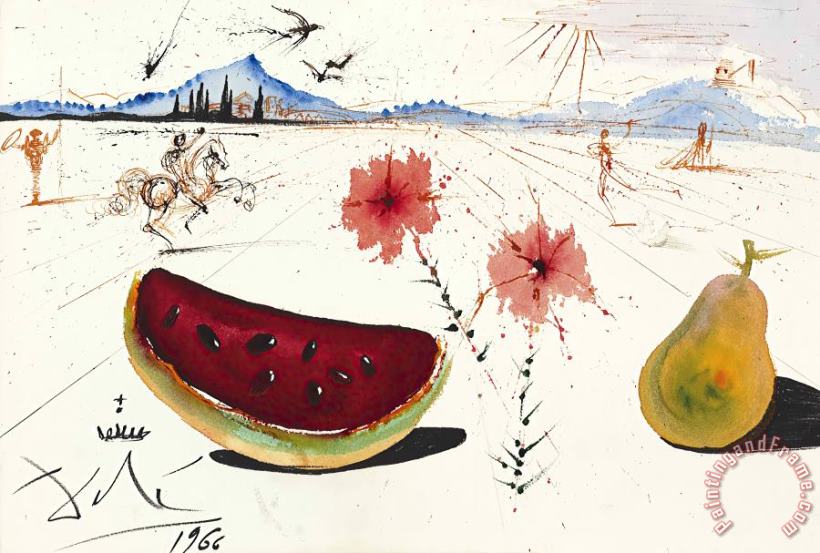 Sans Titre (fleurs, Pasteque Et Poire Dans Un Paysage Ampurdanais), 1966 painting - Salvador Dali Sans Titre (fleurs, Pasteque Et Poire Dans Un Paysage Ampurdanais), 1966 Art Print