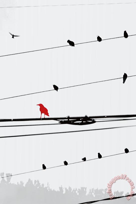 Birds on a Wire I painting - Sara Abbott Birds on a Wire I Art Print