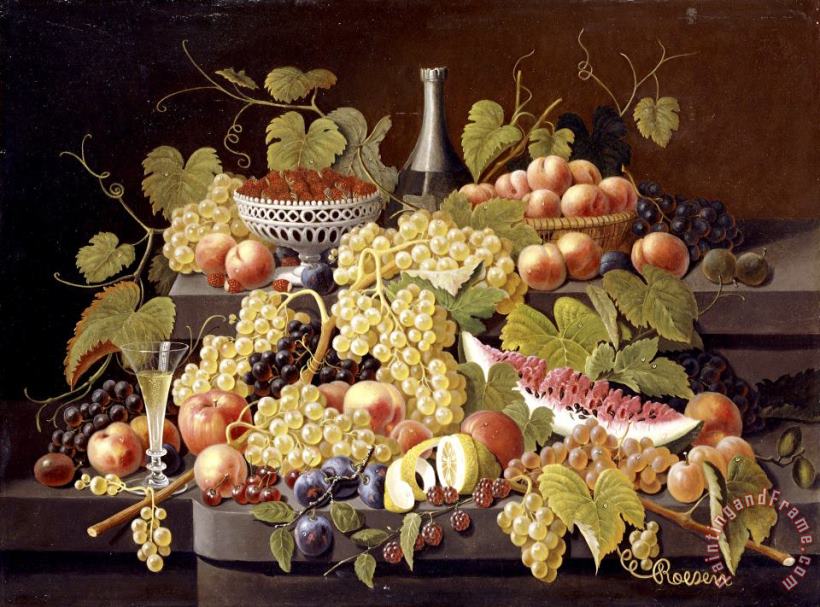 Severin Roesen Still Life with Fruit And Champagne Art Painting