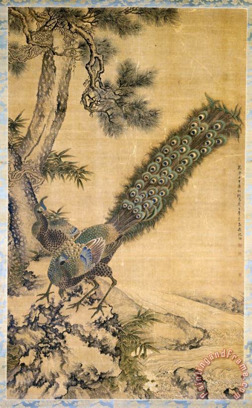 Shen Nanpin Bamboo, Pine And Peacocks Art Painting