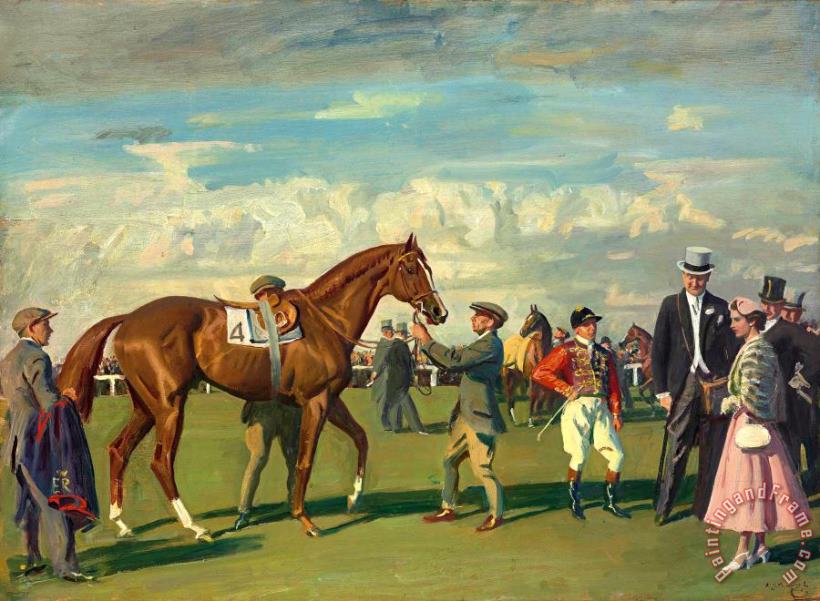 Sir Alfred James Munnings H.m. The Queen And 'aureole' in The Paddock at Epsom Before The Coronation Cup at The Derby Meeting, 1954 Art Print