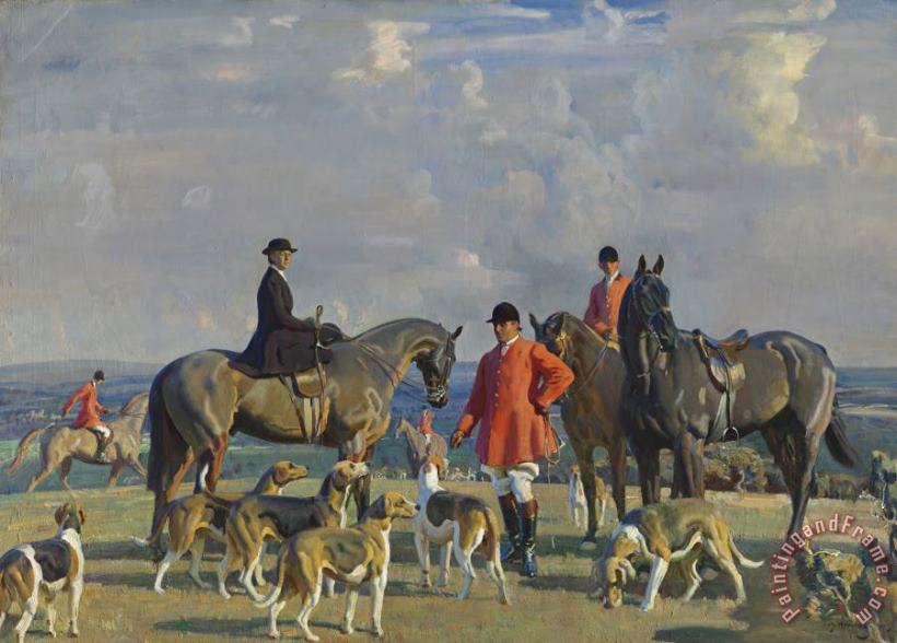 Sir Alfred James Munnings John J. Moubray, Master of Foxhounds, Dismounted with His Wife And Two Mounted Figures with The Bedale Hounds in a Landscape, 1920 Art Print