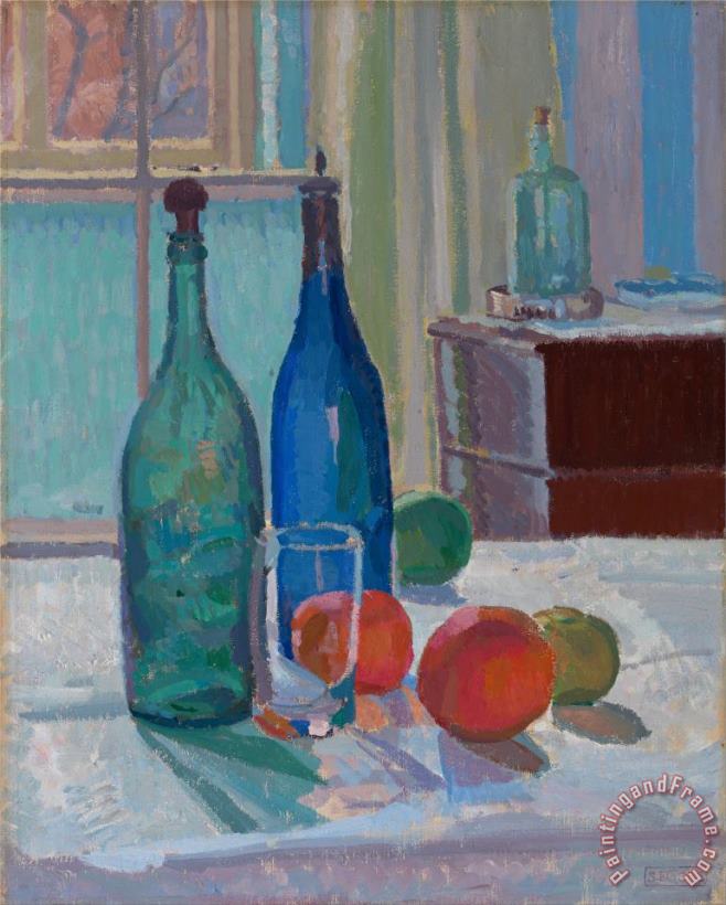 Blue And Green Bottles And Oranges painting - Spencer Frederick Gore Blue And Green Bottles And Oranges Art Print