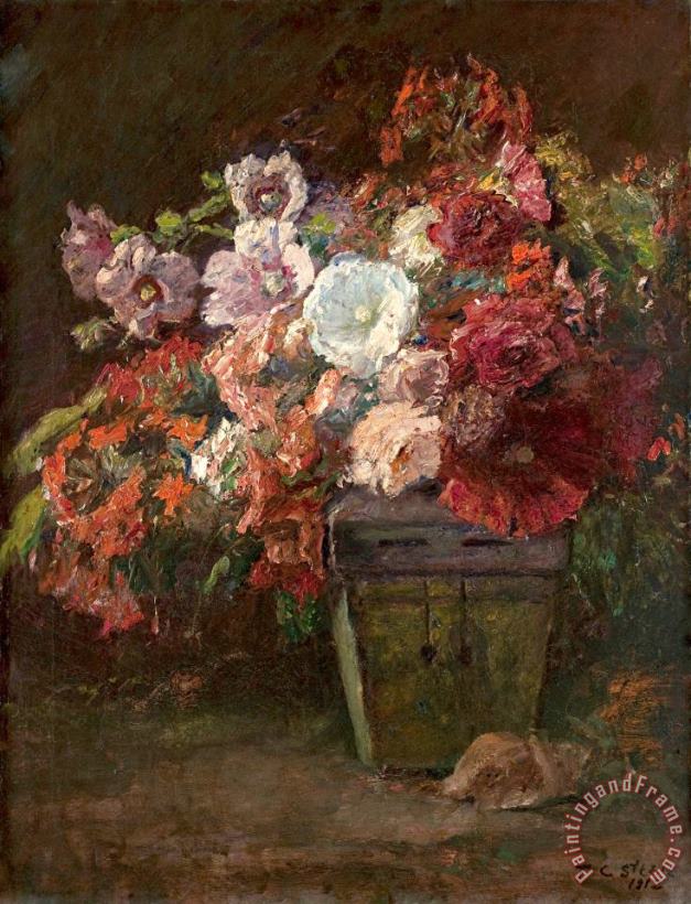Theodore Clement Steele Hollyhocks (vase of Flowers) Art Painting