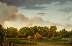 Thomas Bremond The Weir at Canford Manor, with a Gentleman Sketching, Observed by a Lady And Two Dogs