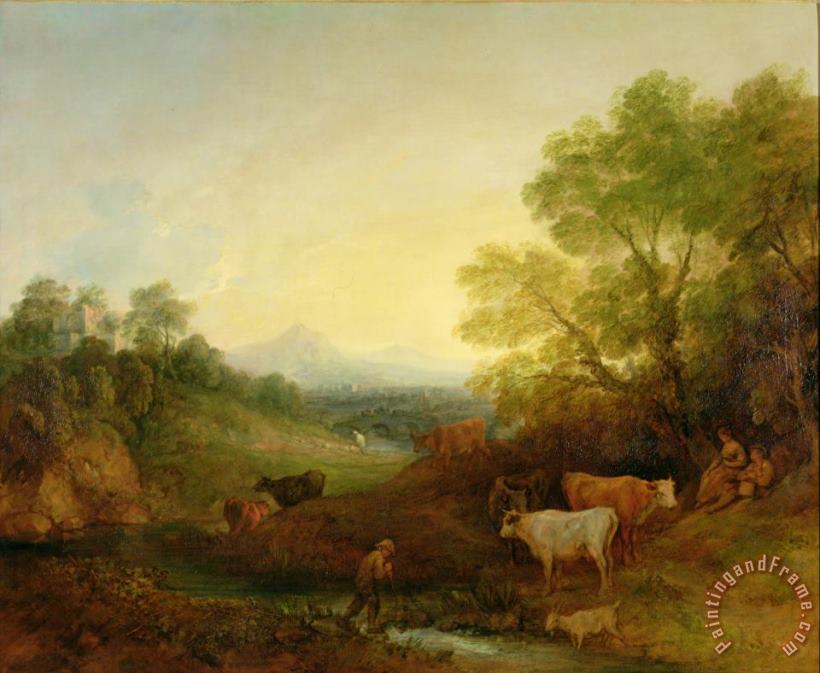 A Landscape with Cattle and Figures by a Stream and a Distant Bridge painting - Thomas Gainsborough A Landscape with Cattle and Figures by a Stream and a Distant Bridge Art Print
