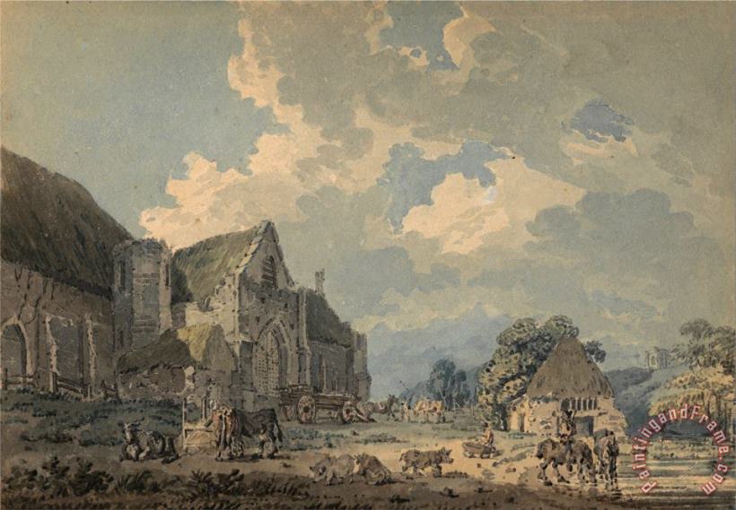 The Tithe Barn at Abbotsbury with The Abbey on The Hill painting - Thomas Girtin The Tithe Barn at Abbotsbury with The Abbey on The Hill Art Print