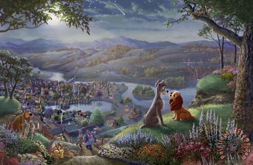 Thomas Kinkade Disney Lady And The Tramp Falling in Love Art Painting