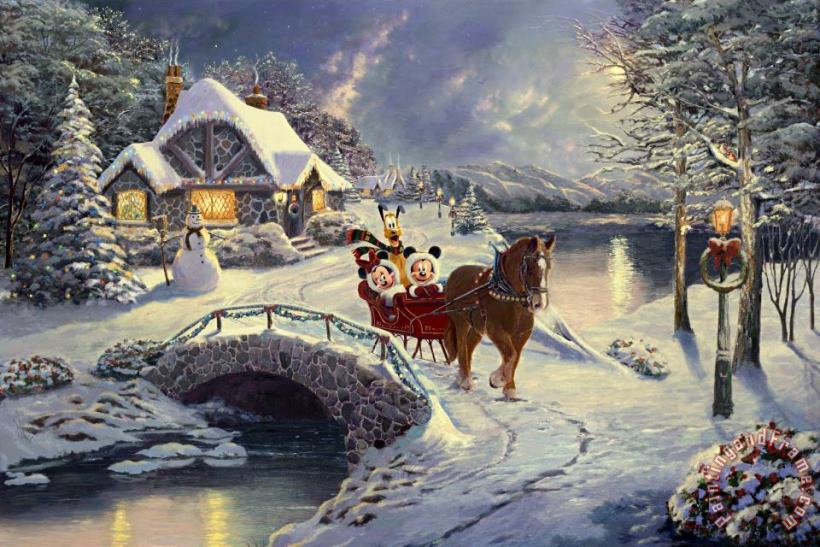 Thomas Kinkade Mickey And Minnie Evening Sleigh Ride Art Painting