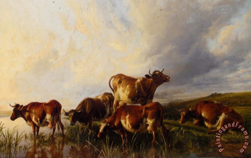 Cattle Wattering painting - Thomas Sidney Cooper Cattle Wattering Art Print