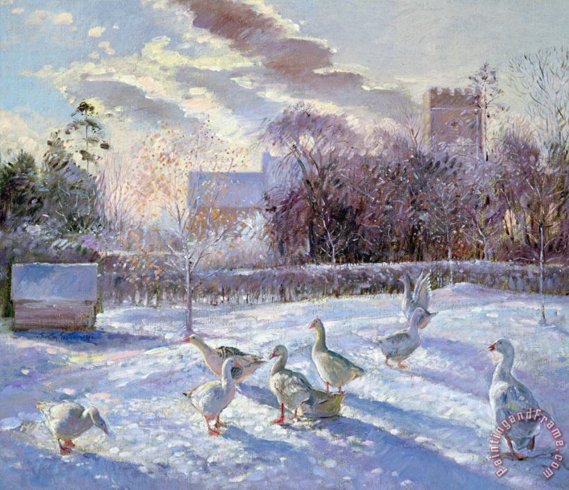 Winter Geese in Church Meadow painting - Timothy Easton Winter Geese in Church Meadow Art Print