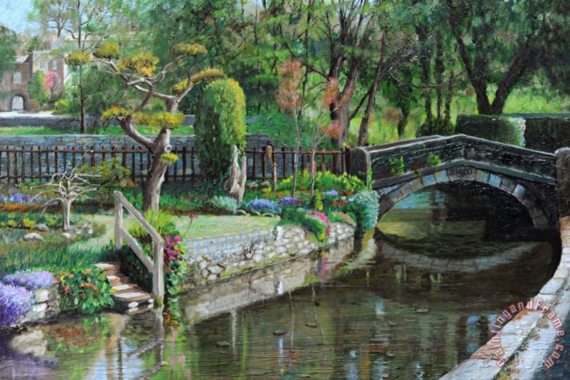 Trevor Neal Bridge and Garden - Bakewell - Derbyshire Art Painting