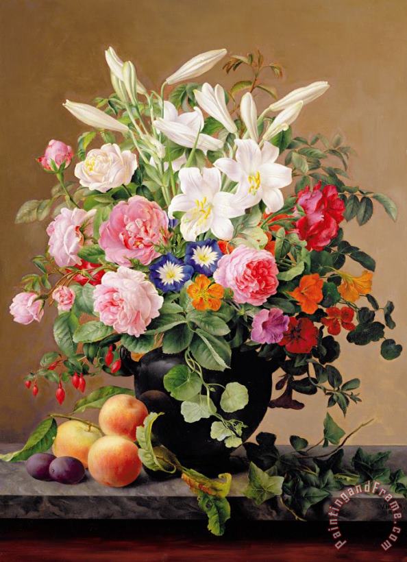 Still Life With Flowers And Fruit painting - V. Hoier Still Life With Flowers And Fruit Art Print