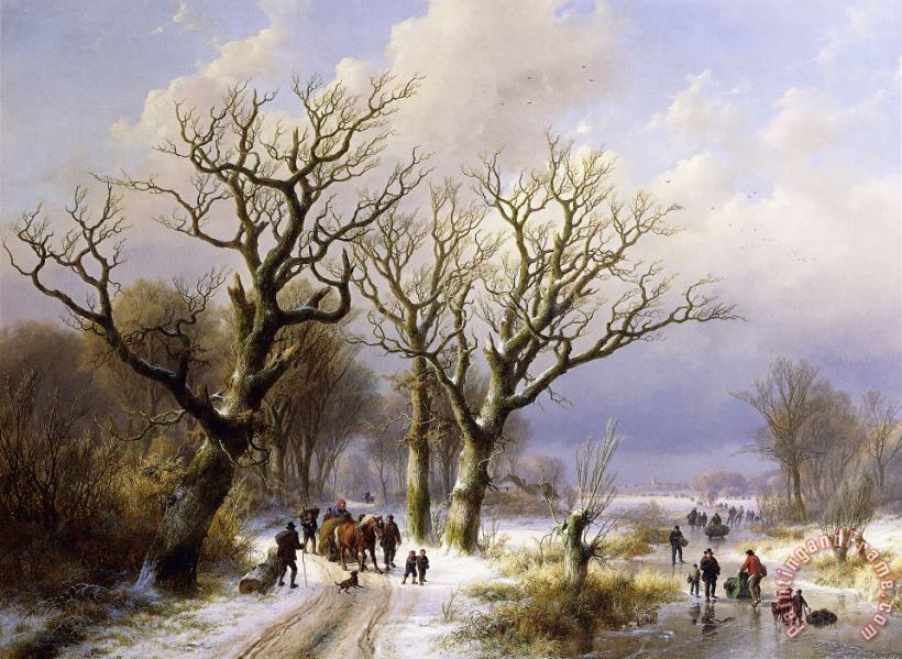 Verboeckhoven and Klombeck A Wooded Winter Landscape With Figures Art Painting