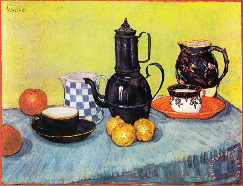 Still Life with Coffee Pot, Dishes And Fruit painting - Vincent van Gogh Still Life with Coffee Pot, Dishes And Fruit Art Print