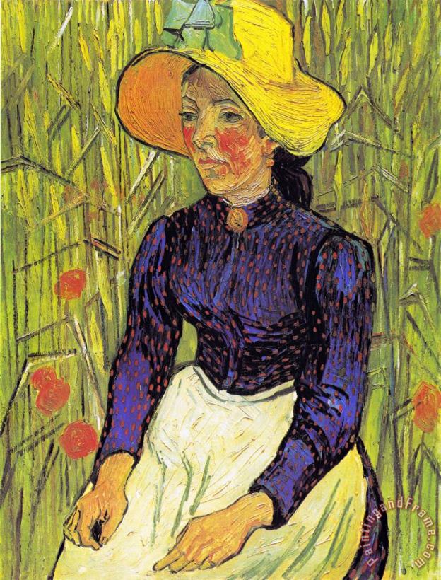 Vincent van Gogh Young Peasant Woman with Straw Hat Sitting in Front of a Wheat Field Art Print