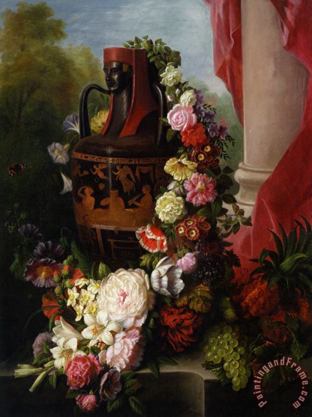 Virginie De Sartorius A Greek Urn with Garland of Roses Art Print