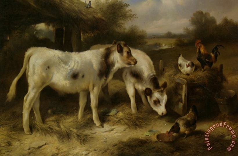 Walter Hunt Calves And Hens Feeding Art Painting