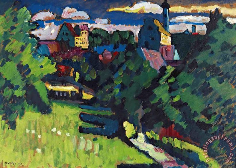 Murnau Ansicht Mit Burg, Kirche Und Eisenbahn, 1909 painting - Wassily Kandinsky Murnau Ansicht Mit Burg, Kirche Und Eisenbahn, 1909 Art Print