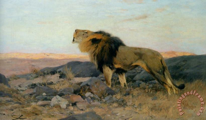 Wilhelm Kuhnert Brullender Lowe in Steiniger Steppe Art Painting
