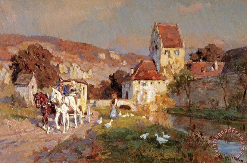 Wilhelm Velten A Horse And Carriage by a River Art Painting