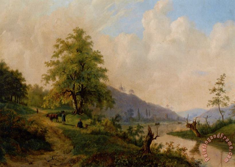 Willem Bodemann Figures in a River Landscape Art Painting