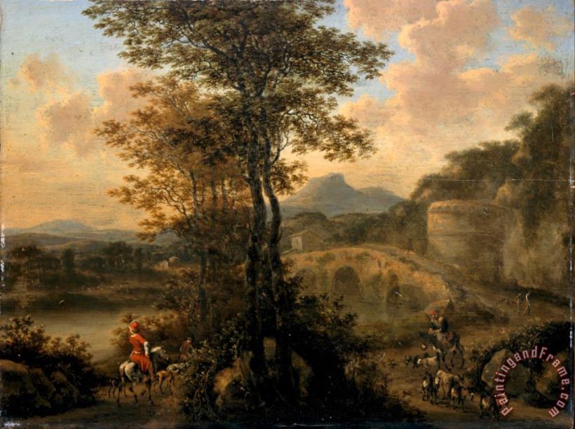 Willem De Heusch Italian River Landscape with Stone Bridge Art Painting