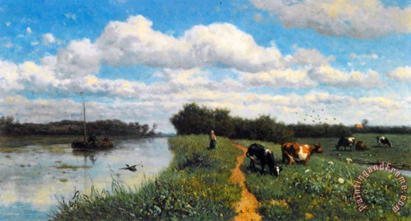 Willem Roelofs Cows Grazing Near a Canal, Schiedam Art Painting
