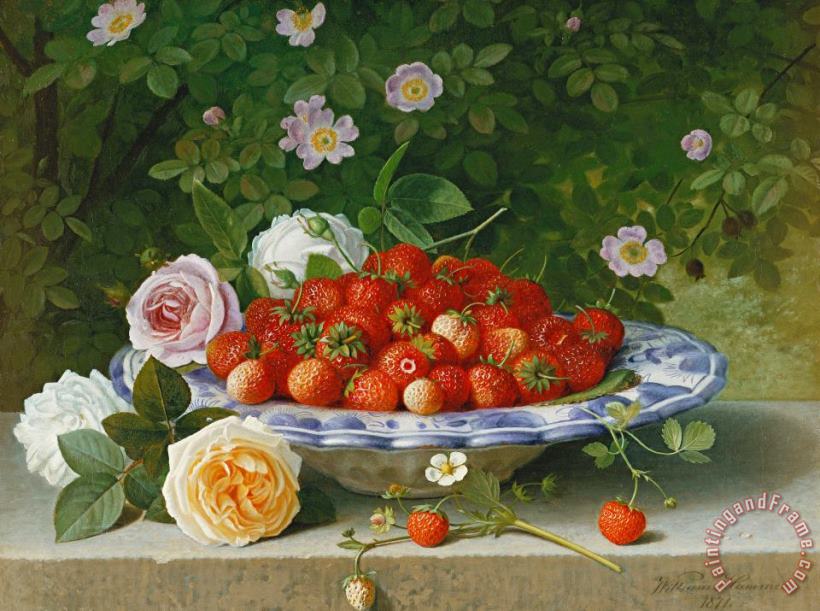 Strawberries In A Blue And White Buckelteller With Roses And Sweet Briar On A Ledge painting - William Hammer Strawberries In A Blue And White Buckelteller With Roses And Sweet Briar On A Ledge Art Print