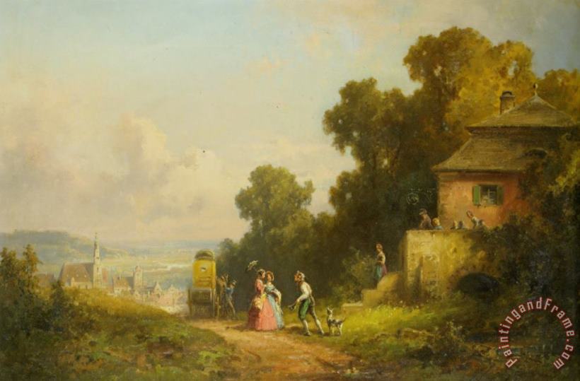 Willy Moralt Figures And a Carriage on a Path with a Village Beyond Art Print