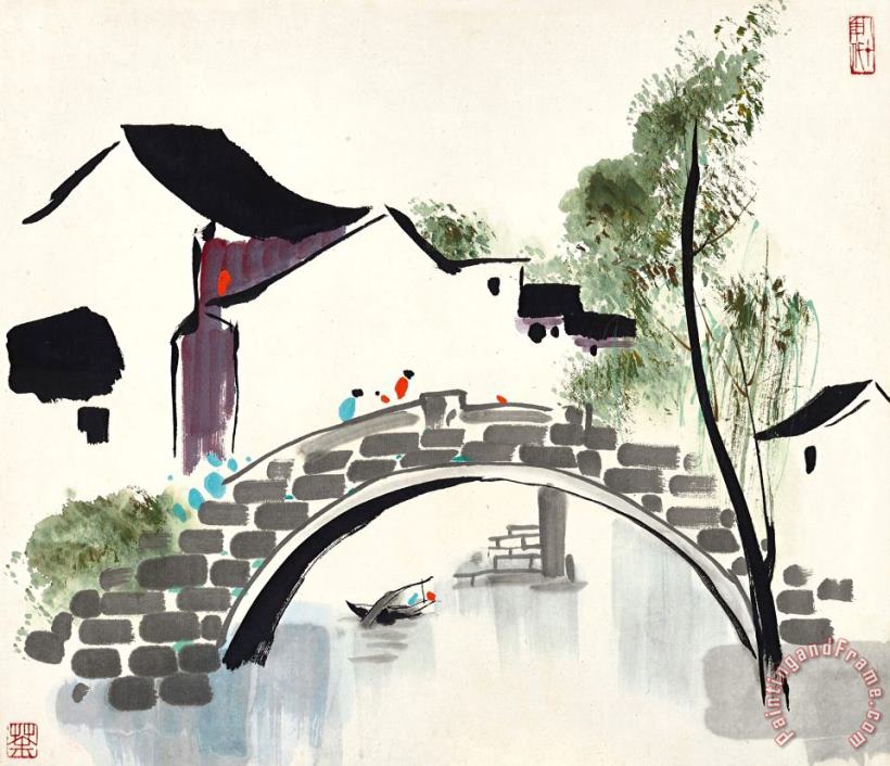 A Stone Bridge in Jiangnan 水鄉石橋, 1985 painting - Wu Guanzhong A Stone Bridge in Jiangnan 水鄉石橋, 1985 Art Print
