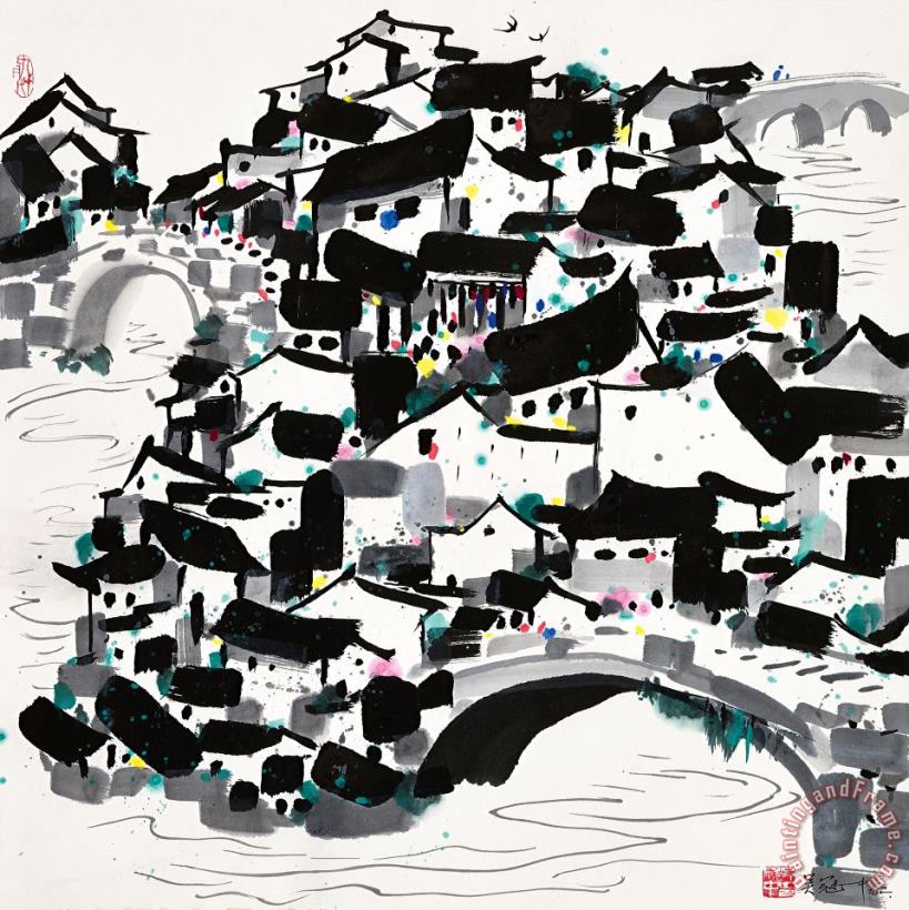 Wu Guanzhong A Village of Bridges Art Print