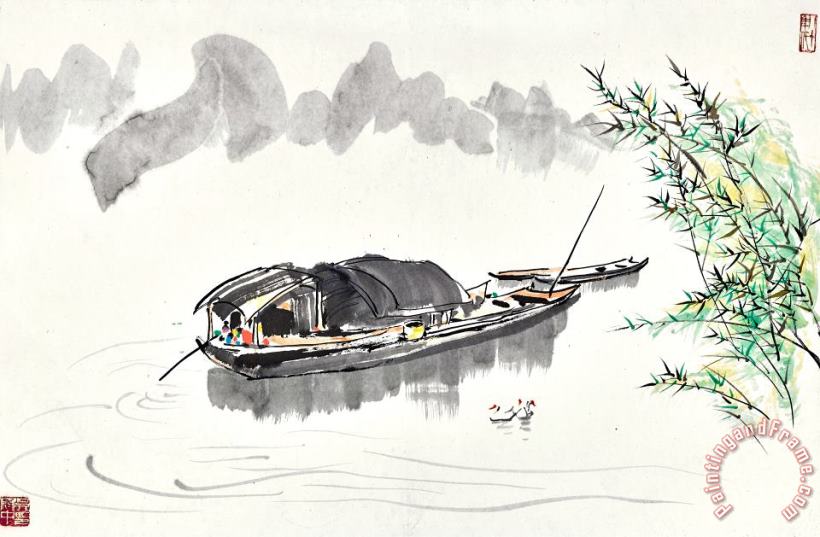 Wu Guanzhong Boats by The Shore Art Painting
