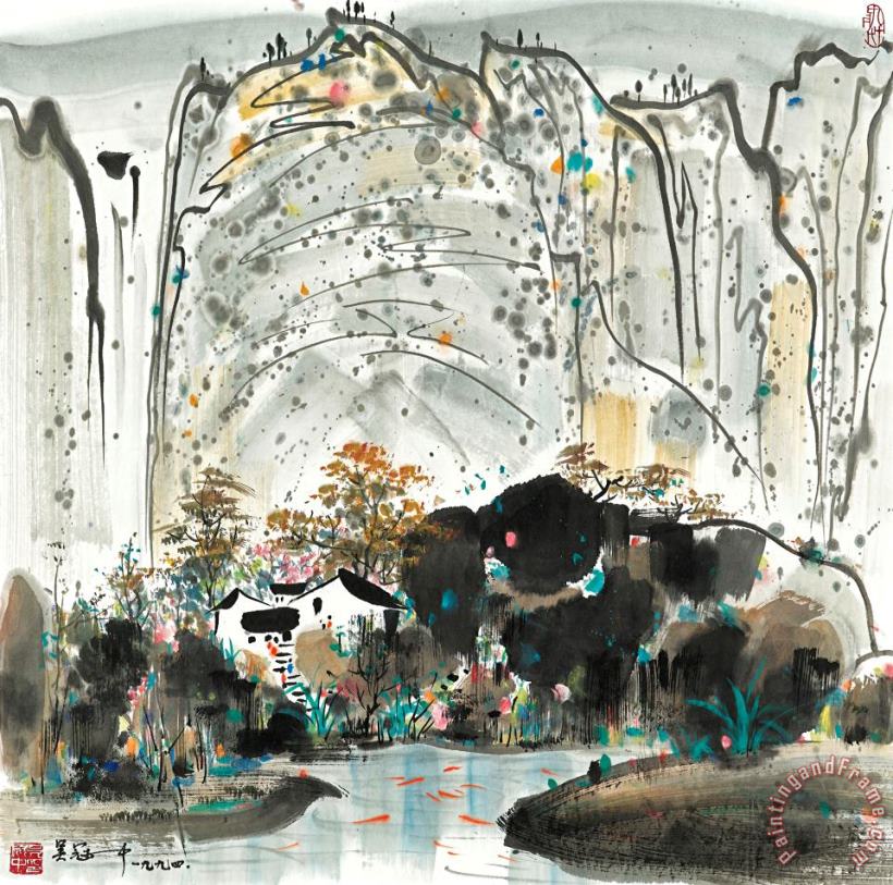 Wu Guanzhong House by The Waterfall Art Painting