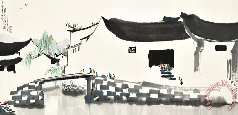 Wu Guanzhong Jiangnan Water Village, 1988 Art Painting