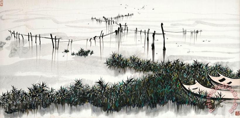 Wu Guanzhong Quiet Lake And Boats Art Painting