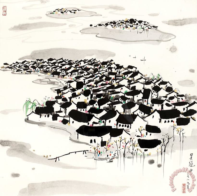 River Town, 1989 painting - Wu Guanzhong River Town, 1989 Art Print