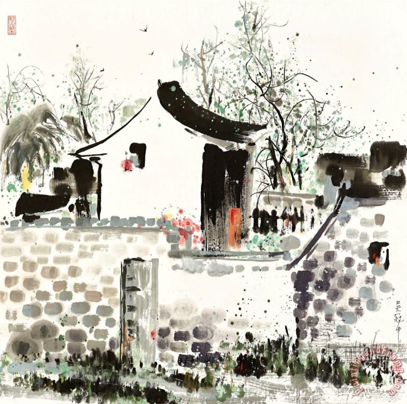 Wu Guanzhong Village Scene Art Print