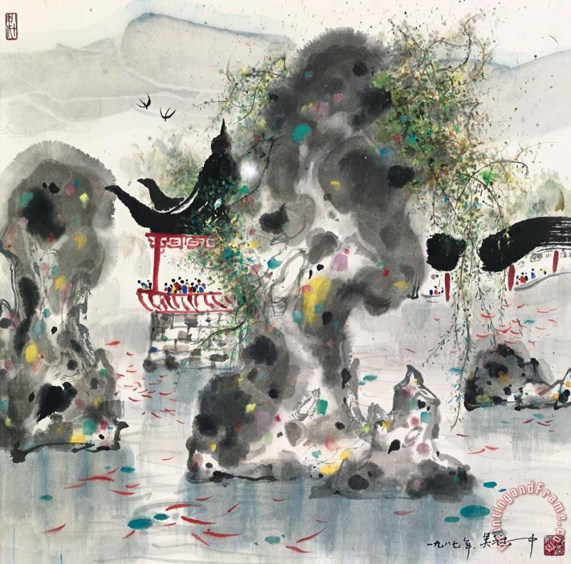 Wu Guanzhong Watching Fish From Pagoda Art Painting