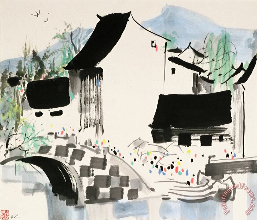 Wu Guanzhong Water Village, 1986 Art Painting