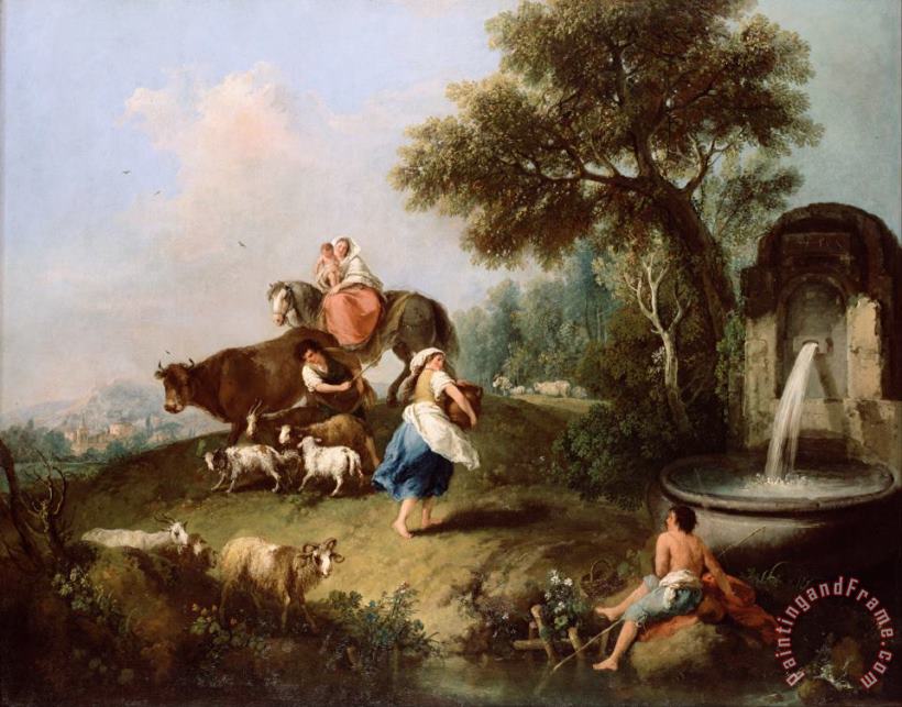 Landscape with a Fountain, Figures And Animals painting - Zuccarelli, Francesco Landscape with a Fountain, Figures And Animals Art Print