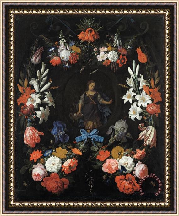 Abraham Mignon Garland of Flowers Framed Print