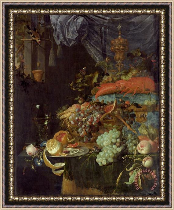 Abraham Mignon Still Life with Fruit And a Goldfinch Framed Painting